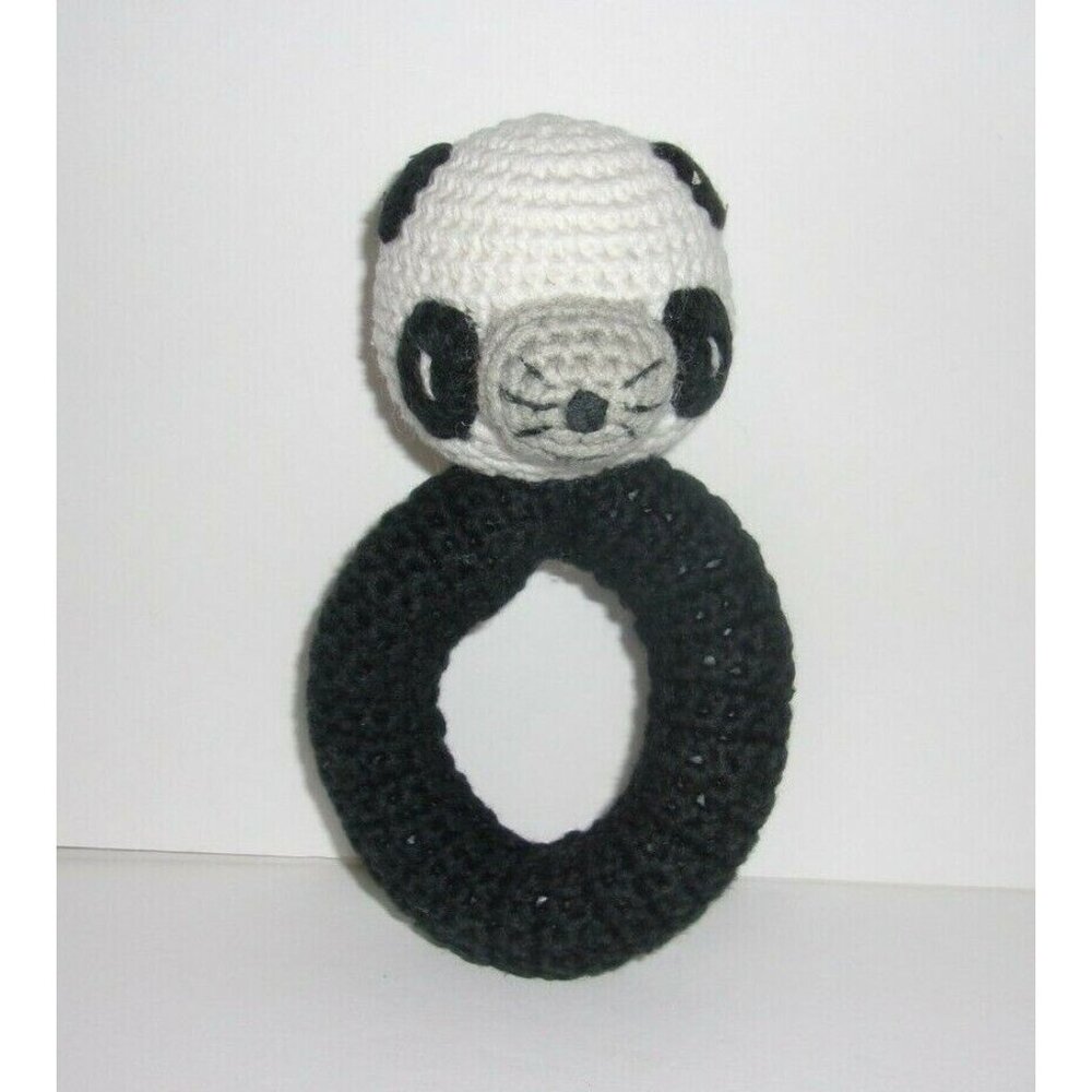 The Land of Nod Panda Ring Rattle Baby Toy Black White Gray Crochet Knit 6"